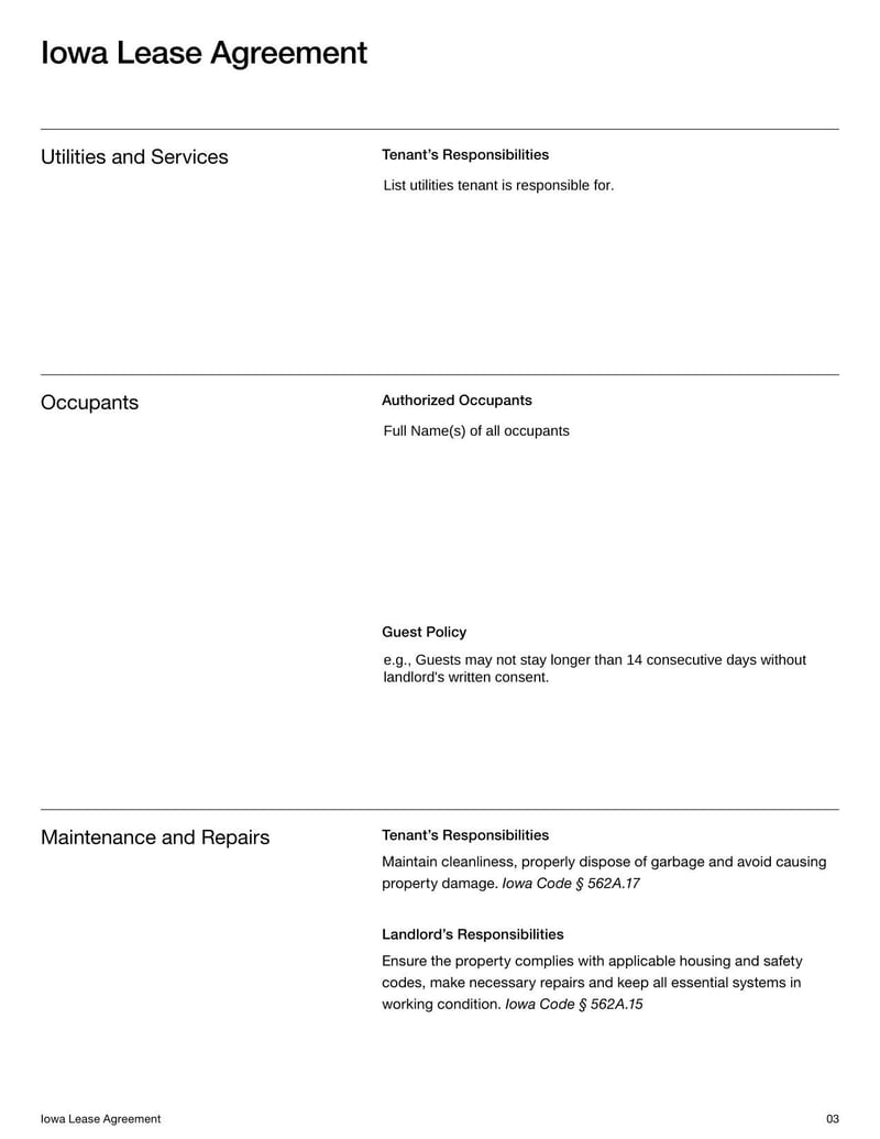 Iowa Lease Agreement document with landlord and tenant terms