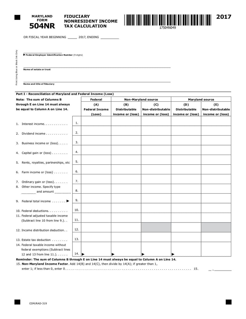 Large thumbnail of Maryland Form 504NR - Oct 2017