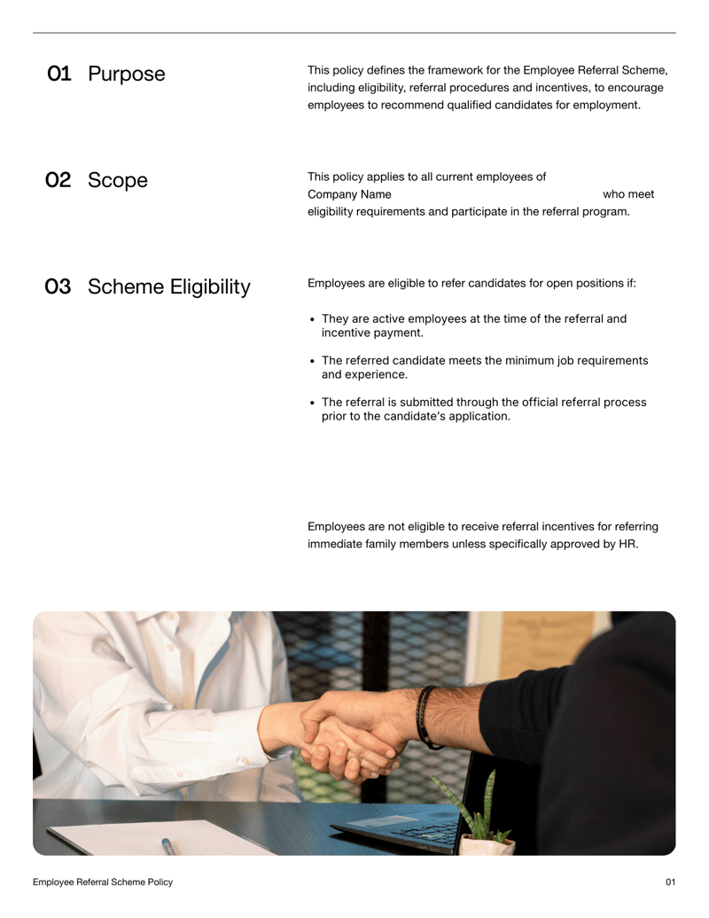 Employee Referral Scheme Policy template with sections for eligibility, referral process, incentives, exclusions and acknowledgment