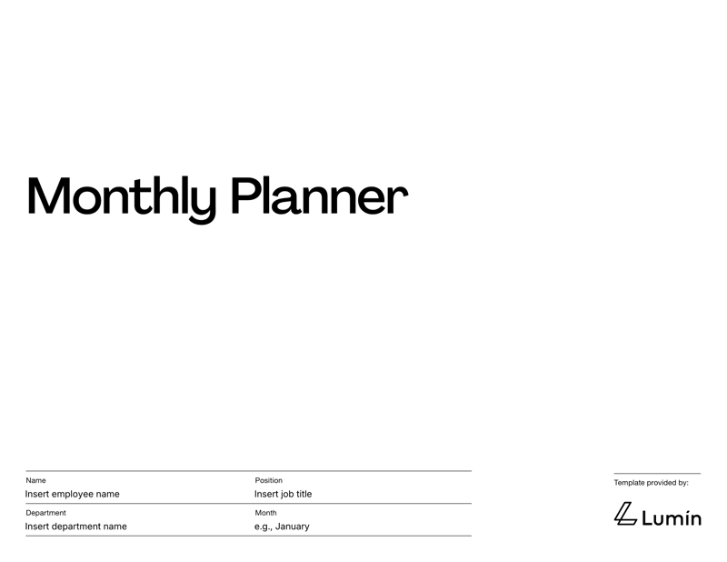 Monthly Planner Template for tracking employee tasks, schedules and performance
