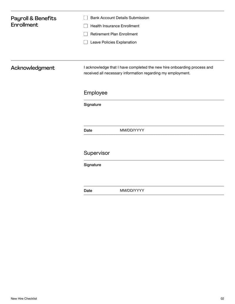 New Hire Checklist Template for tracking onboarding tasks, documents, and training requirements