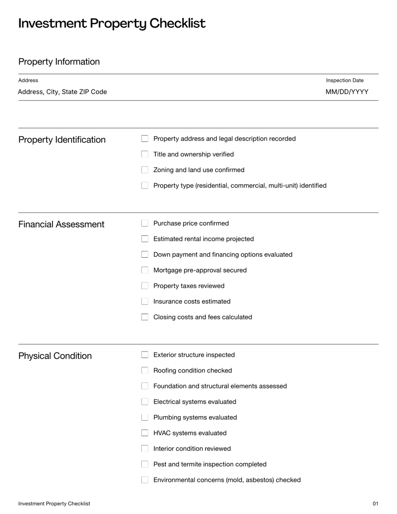 Investment Property Checklist covering financial, physical, market and legal items for property evaluation