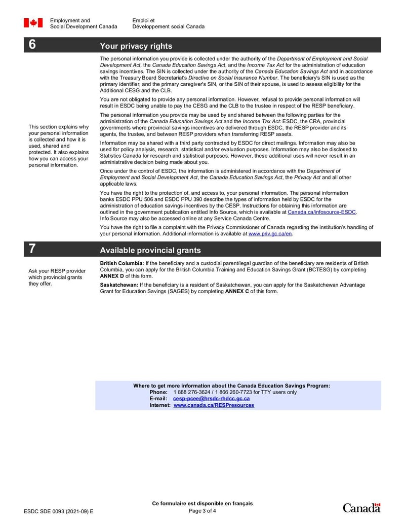 Form Application: Canada Education Savings Grant (CESG) and Canada 
