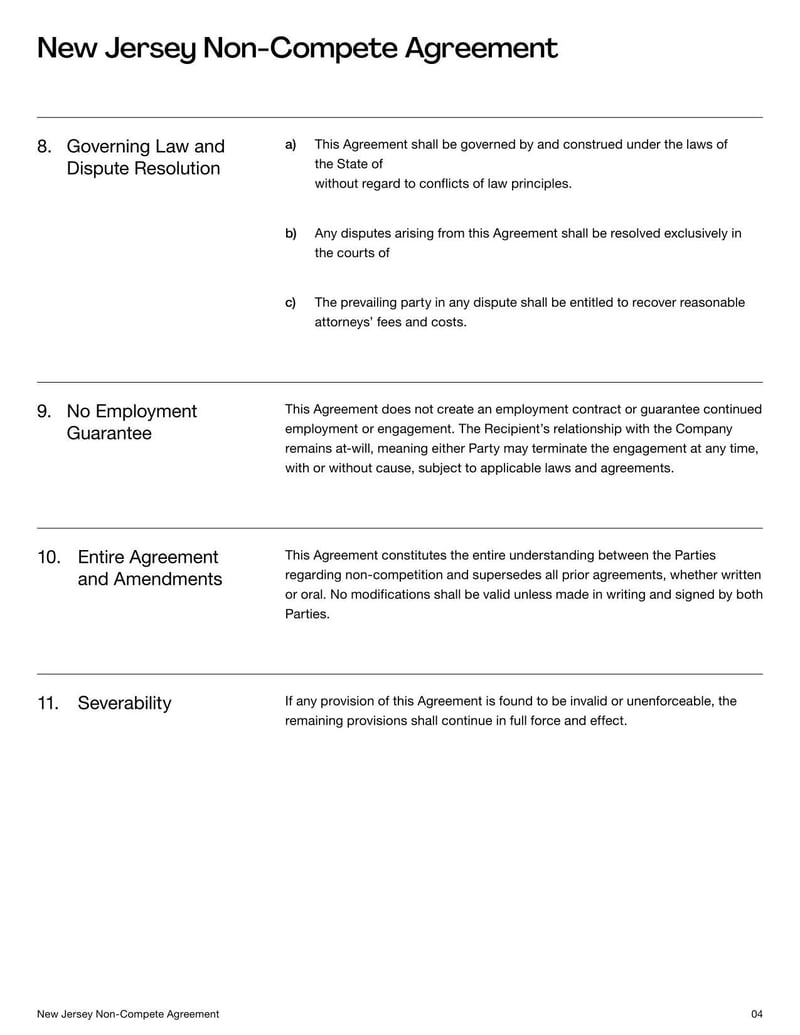 Non-Compete Agreement New Jersey for specifying employment restrictions on competitive work within the state’s legal limits