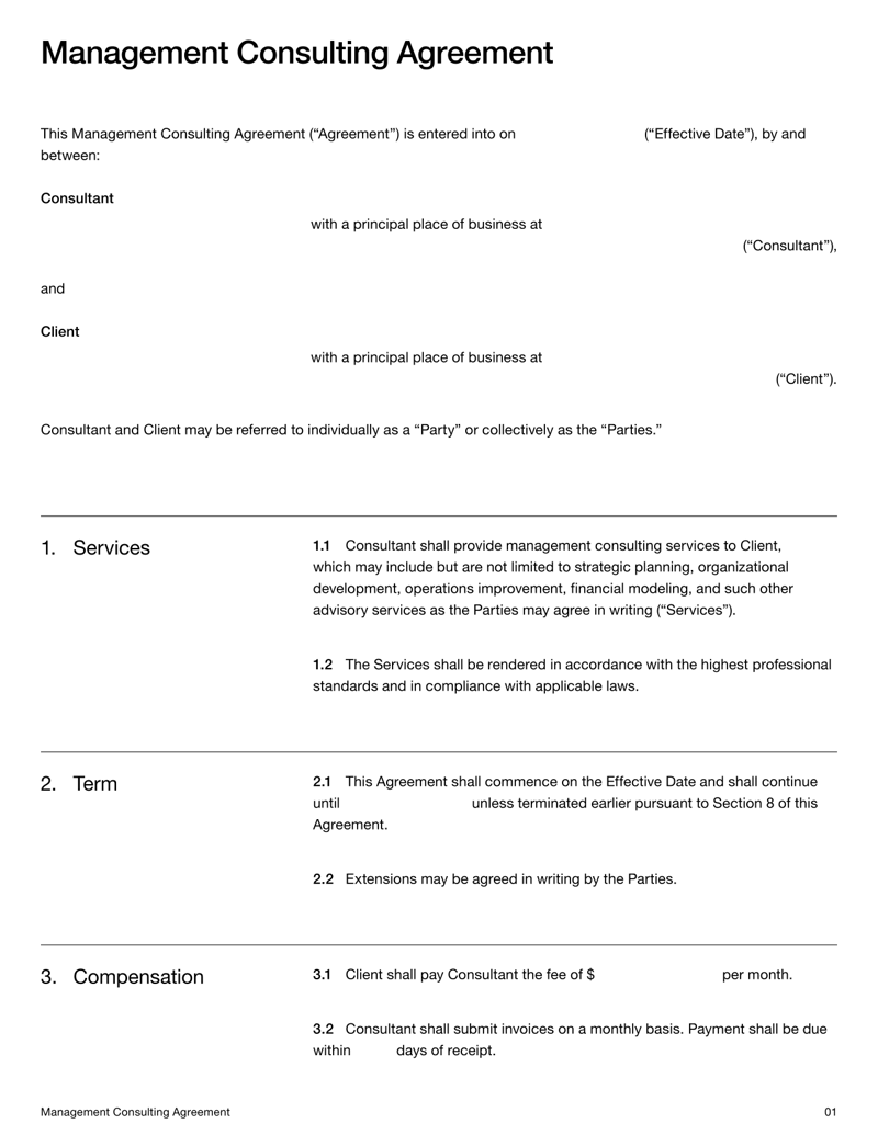 Management Consulting Agreement covering services, compensation, confidentiality, intellectual property and dispute resolution