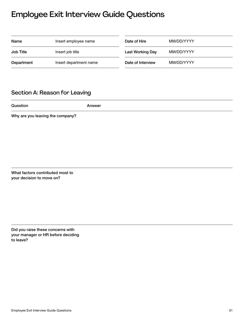 Employee Exit Interview Questions guide listing structured questions in sections on reasons for leaving, role experience, manager feedback, culture, compensation and final thoughts