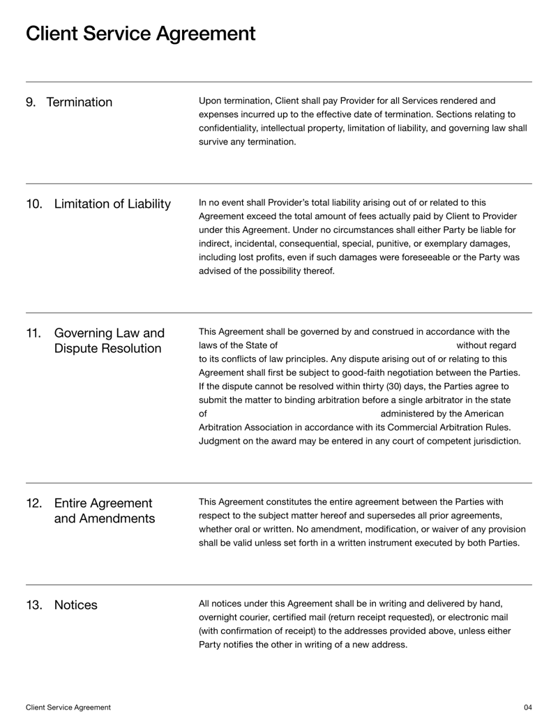 Client Service Agreement covering scope of services, fees, responsibilities and dispute resolution
