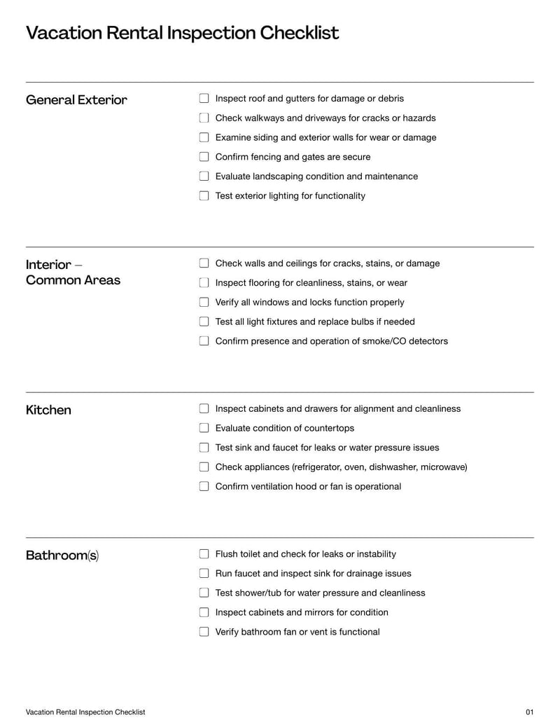 Vacation Rental Inspection Checklist for checking property condition before and after guest stays