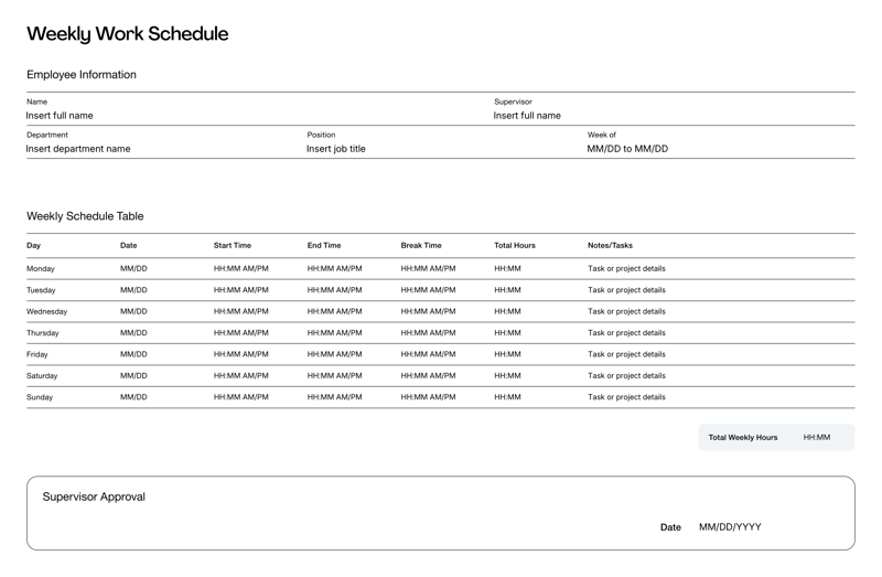 Weekly Work Schedule with sections for employee details, daily time slots, total weekly hours and supervisor approval