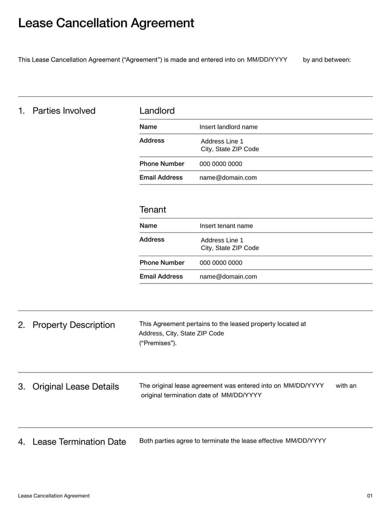 Lease Cancellation Agreement defining terms for mutually ending a rental contract