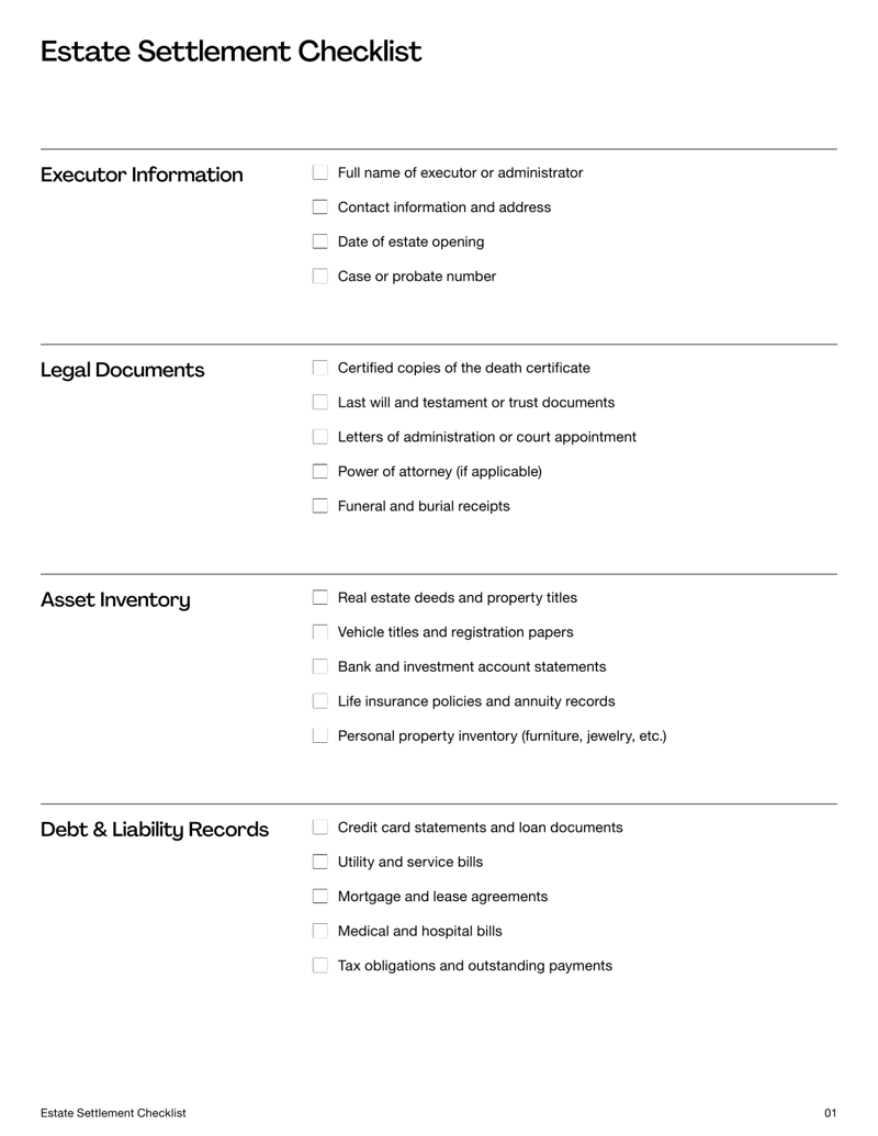 Estate Settlement Checklist form detailing sections for executor details, legal documents, assets, debts and estate closure tasks