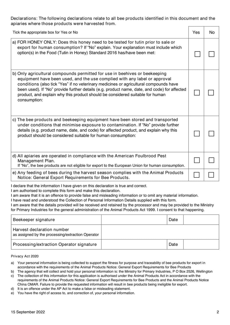 Large thumbnail of New Zealand Harvest Declaration for Bee Products Intended for Export