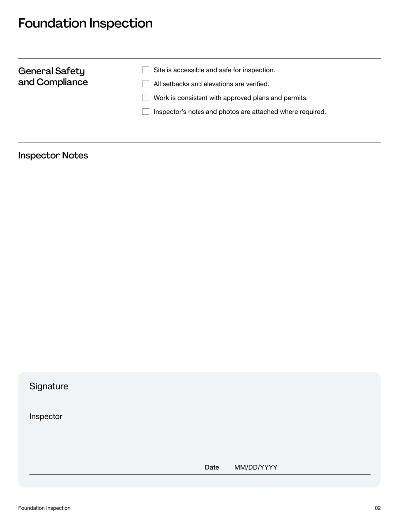 Foundation Inspection Checklist verifying site, rebar and formwork compliance before concrete pour