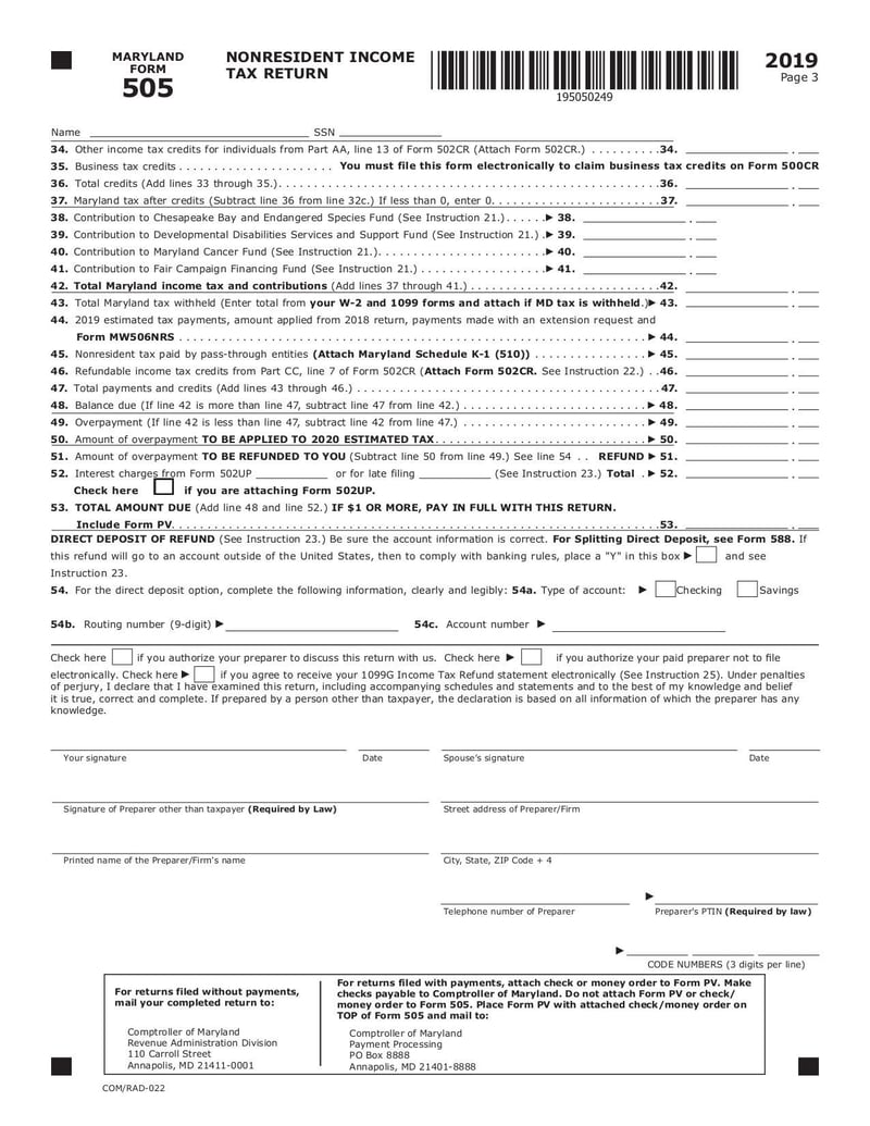 Large thumbnail of Maryland Form 505 - Dec 2019