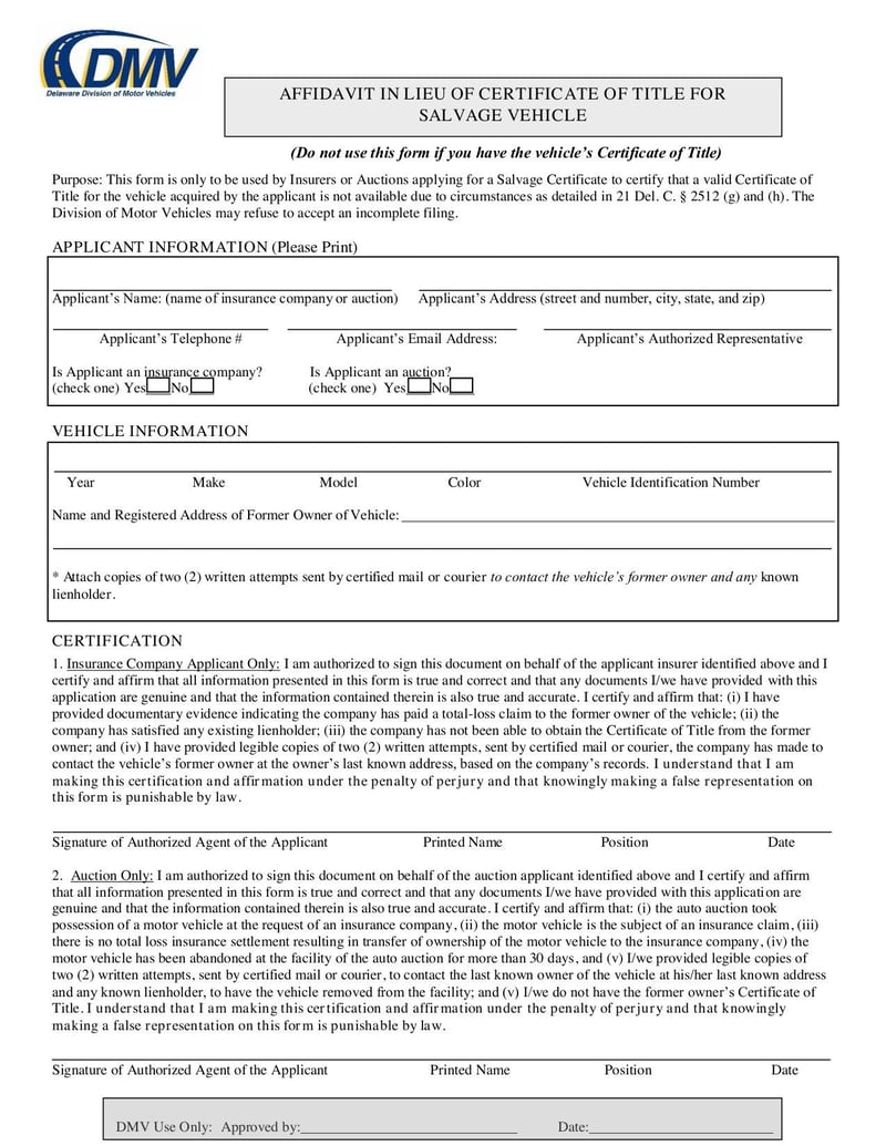 Large thumbnail of Application for Salvage Certificate MV215 - Jan 2019