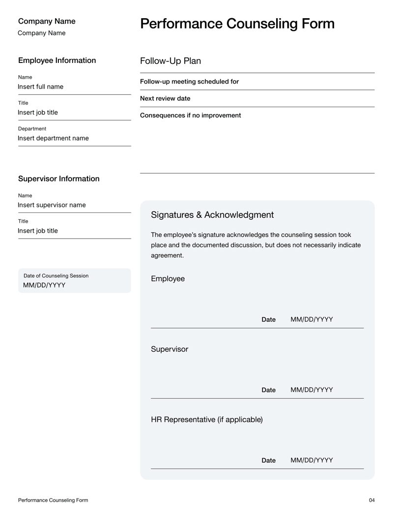Performance Counseling Form showing fields for employee and supervisor info, issue description, action plan, follow-up timeline and signatures