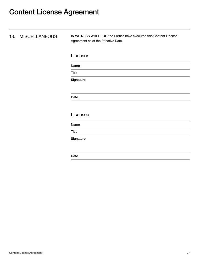 Content License Agreement detailing usage terms, rights and restrictions for licensed creative works
