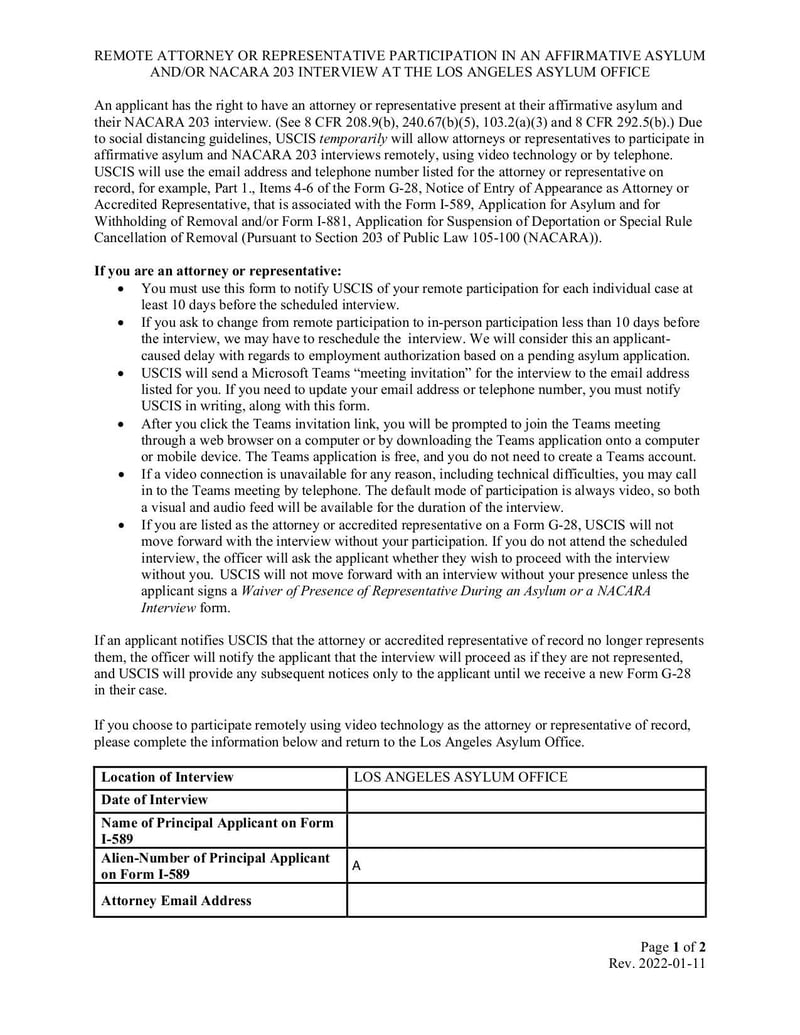 Thumbnail of Los Angeles Attorney Representative Remote Interview Participation Opt-In Form - Jan 2022 - page 0