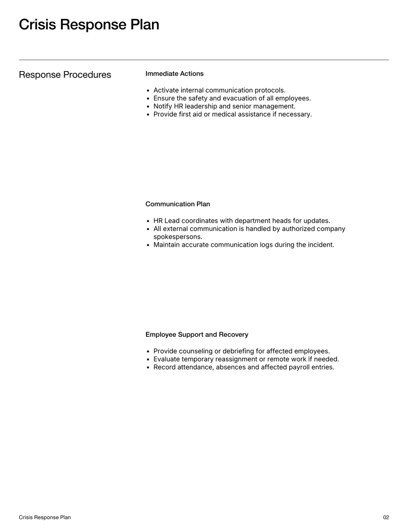 Crisis Response Plan with sections for purpose, response team, HR procedures, communication plan and post-crisis evaluation