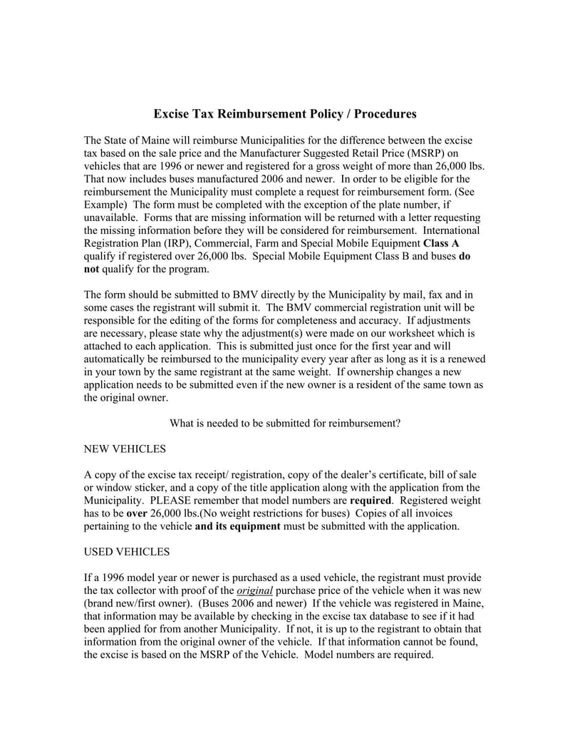 Large thumbnail of Maine Application for Excise Tax Reimbursement