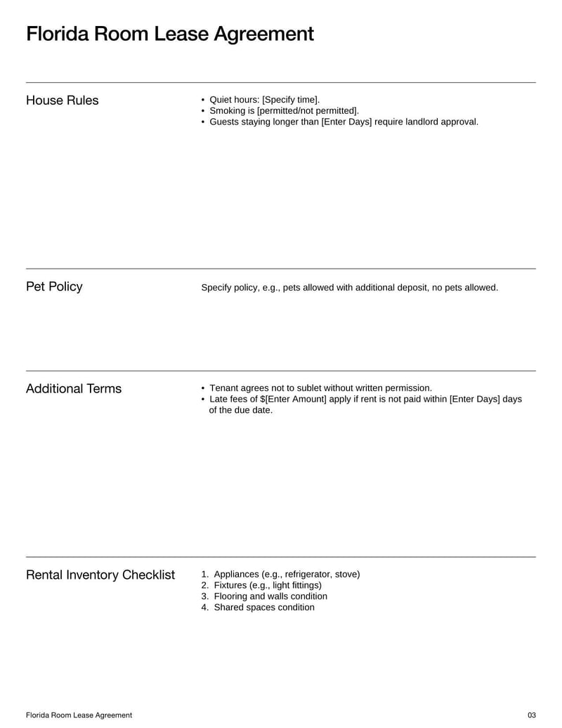 Florida Room Lease Agreement for specifying rental terms, tenant responsibilities, and use of a room within a residential property in Florida