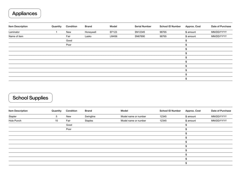Classroom Inventory List to log and manage classroom supplies