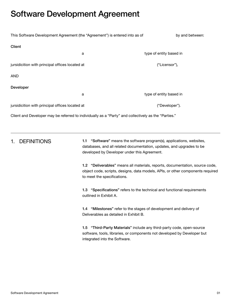 Software Development Agreement template for defining developer-client roles, deliverables and IP ownership