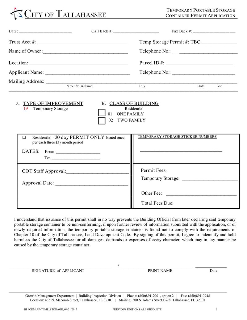 Large thumbnail of Temporary Portable Storage Container Permit Application - Apr 2017