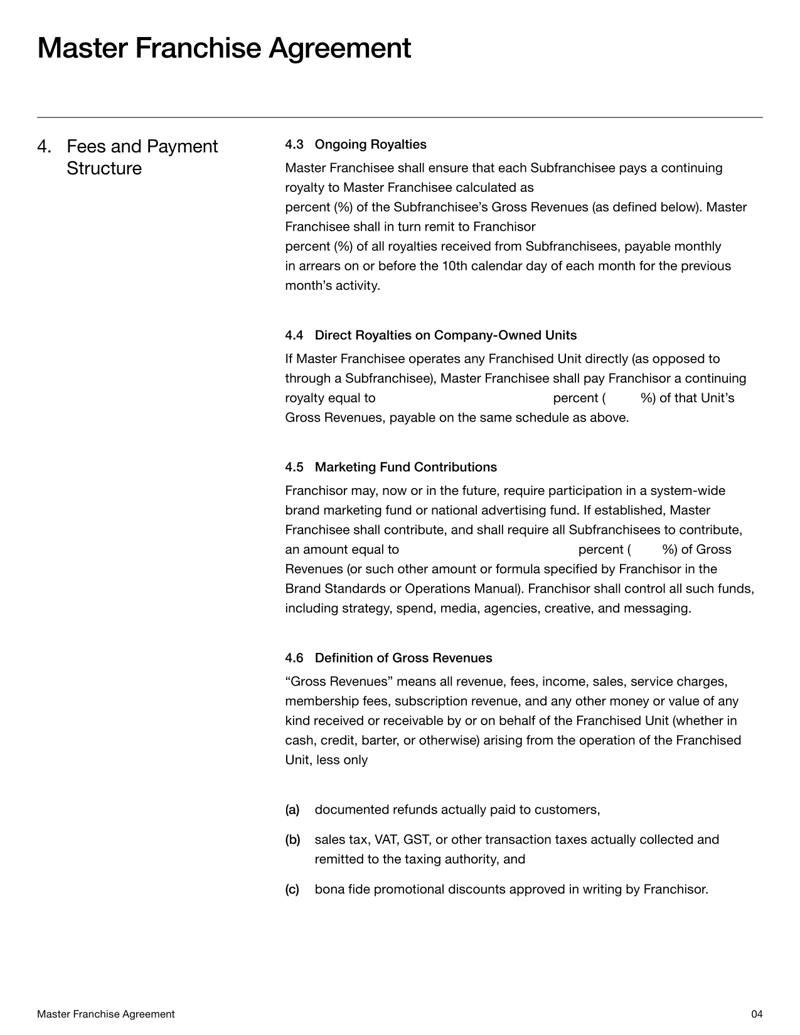 Master Franchise Agreement granting territorial and subfranchise rights with terms on fees, obligations and brand compliance