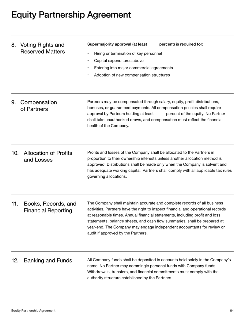 Equity Partnership Agreement defining ownership shares, profit distribution, management responsibilities, and obligations between partners under US law