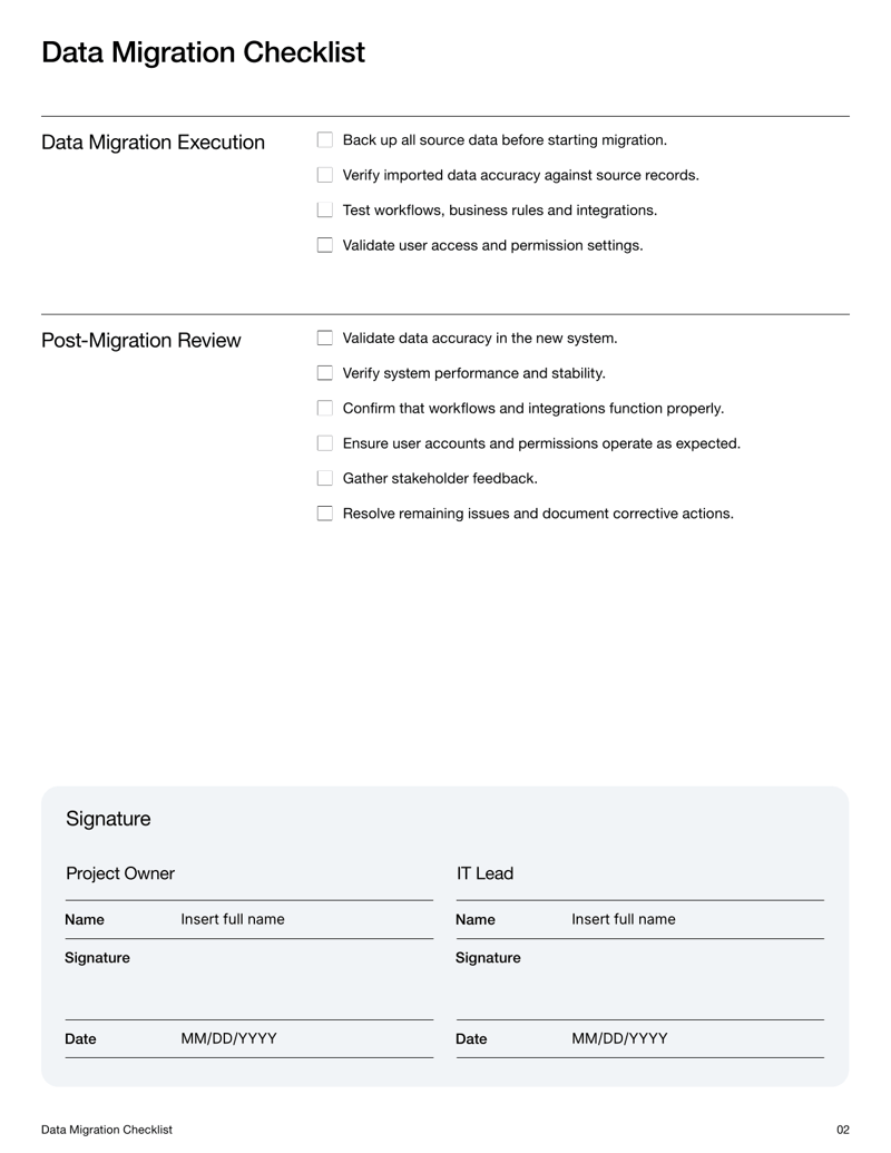 Data Migration Checklist with sections for planning, data preparation, testing, execution and final validation