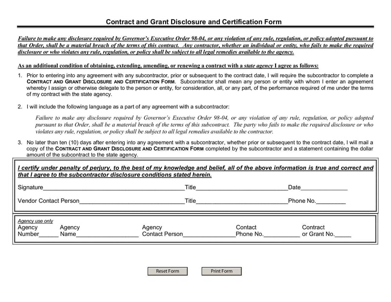 Large thumbnail of Contract and Grant Disclosure and Certification Form - Feb 2010