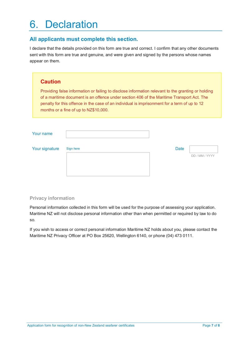 Large thumbnail of Application Form for Recognition of Non-New Zealand Seafarer Certificates - Aug 2020