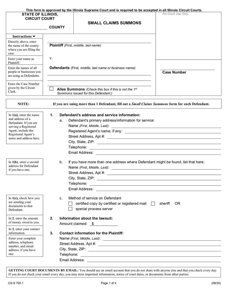 Thumbnail of Small Claims Summons (Form CS-S 705.1) - Aug 2020 - page 0