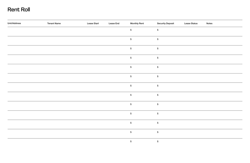 Rent Roll with a table for tenant names, lease dates, rent amounts, deposits, occupancy status and property income totals