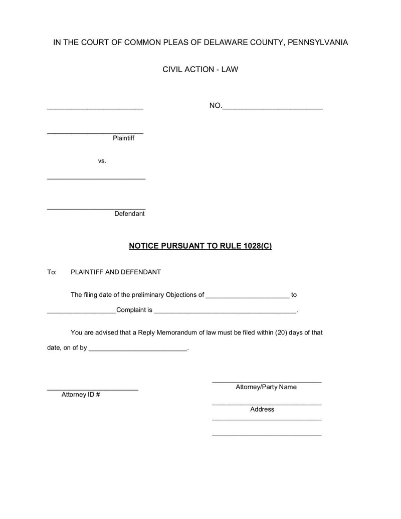 Thumbnail of Notice of Preliminary Objections Rule 1028 Form - Mar 2009 - page 0