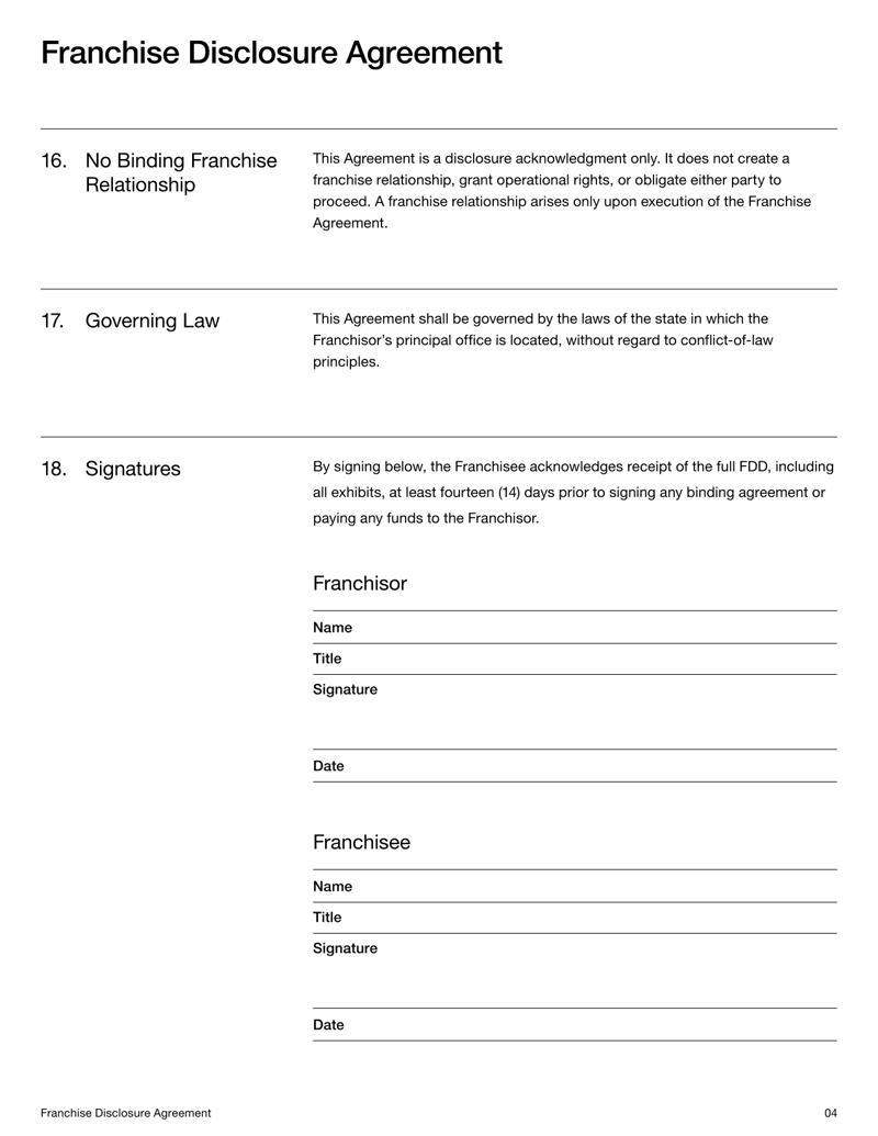 Franchise Disclosure Agreement Template confirming FDD receipt, franchisee acknowledgment, and compliance with FTC franchise rules