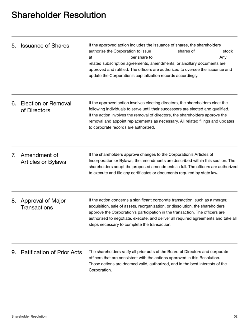 Shareholder Resolution documenting official decisions, approvals, or corporate actions by a company’s shareholders under US law