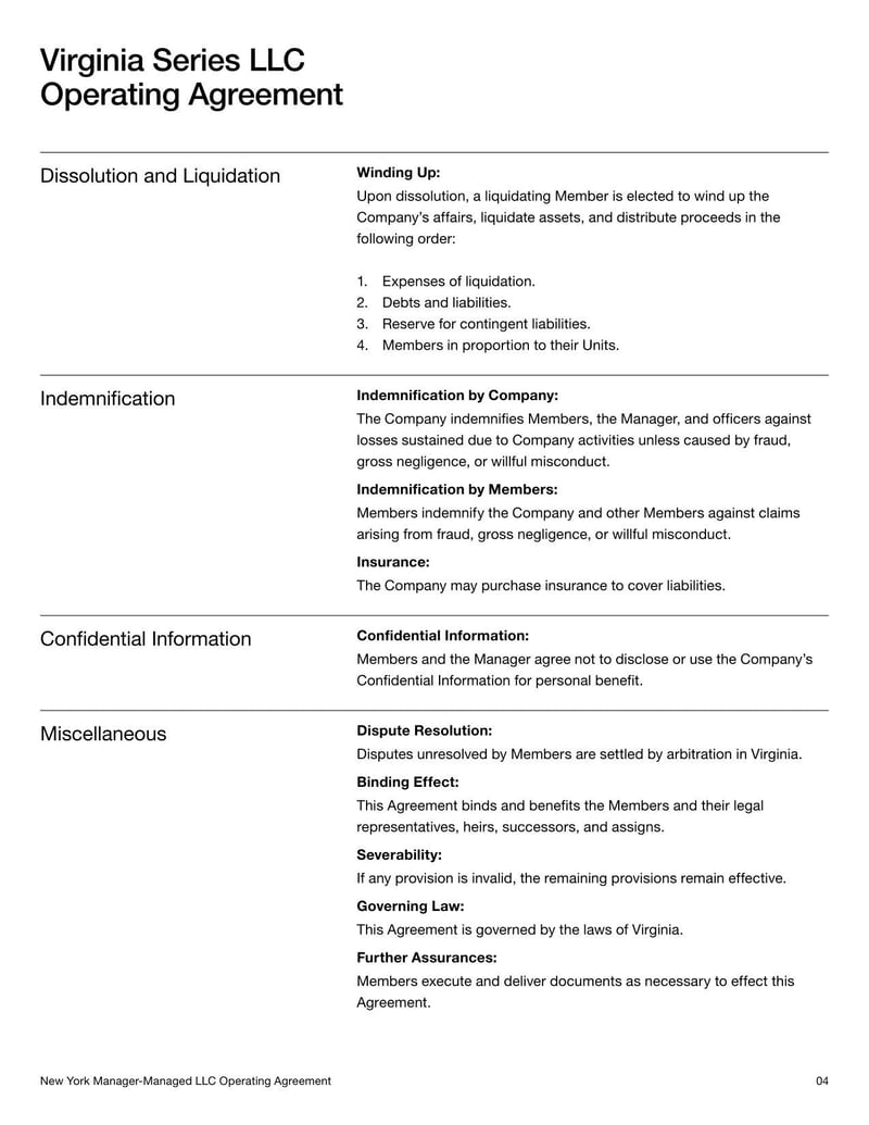 Virginia Series LLC Operating Agreement outlining structure and management of a Virginia Series LLC