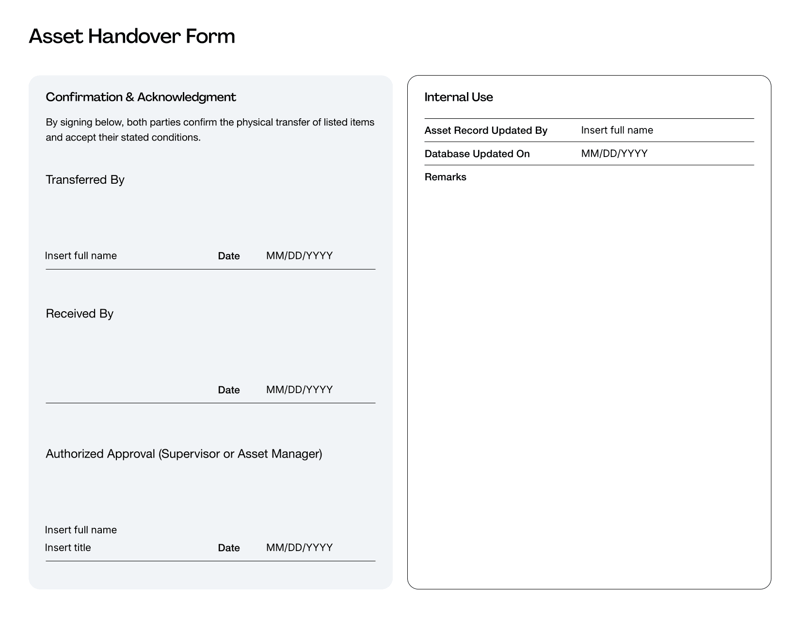 Asset Handover Form for tracking equipment and tool transfers between employees