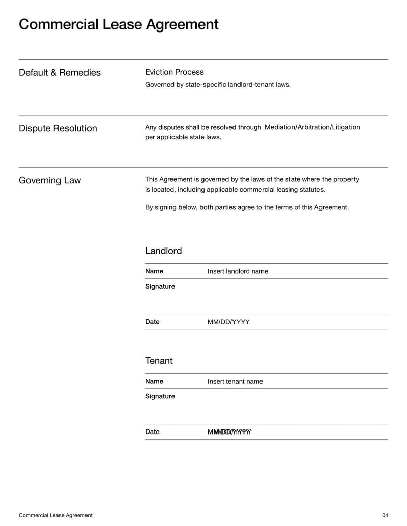 Commercial Lease Agreement for detailing rental terms, property use, and responsibilities between a landlord and a business tenant