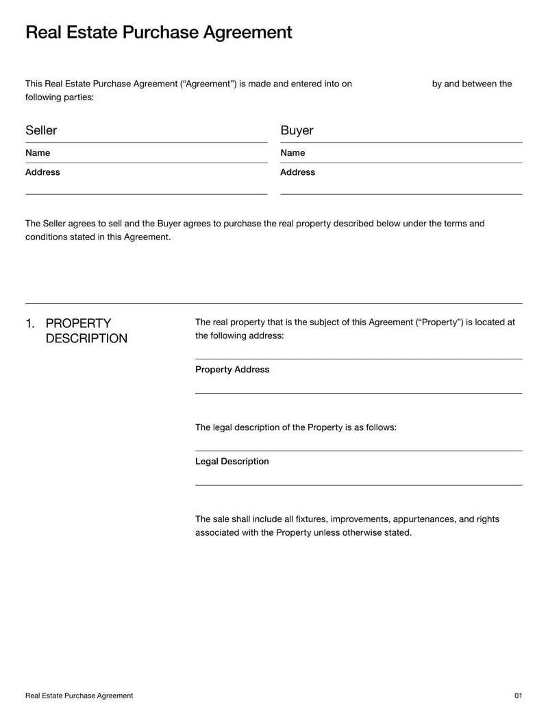 Real Estate Purchase Agreement outlining terms and conditions for the sale of real property