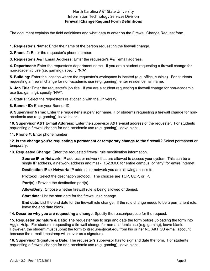 Large thumbnail of North Carolina A&T State University Firewall Change Request Form