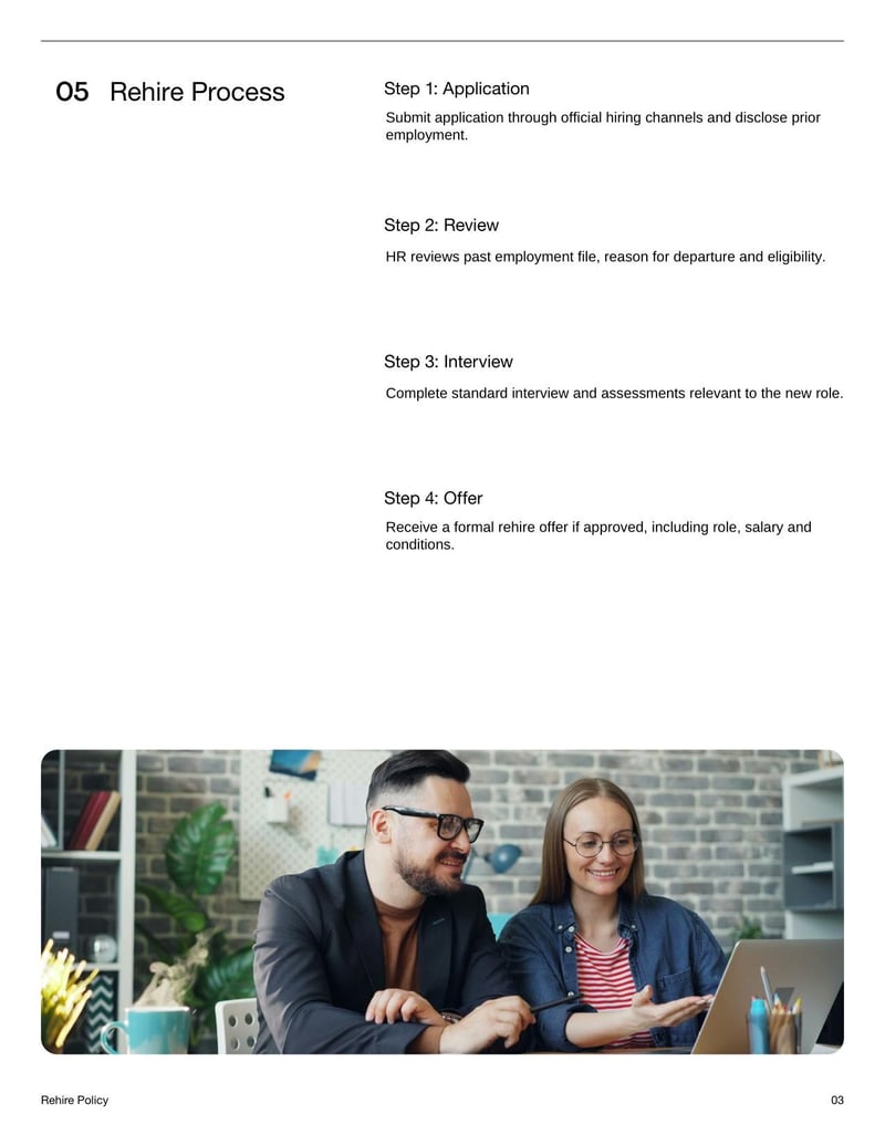 Rehire Policy for outlining conditions under which former employees may be eligible for reemployment