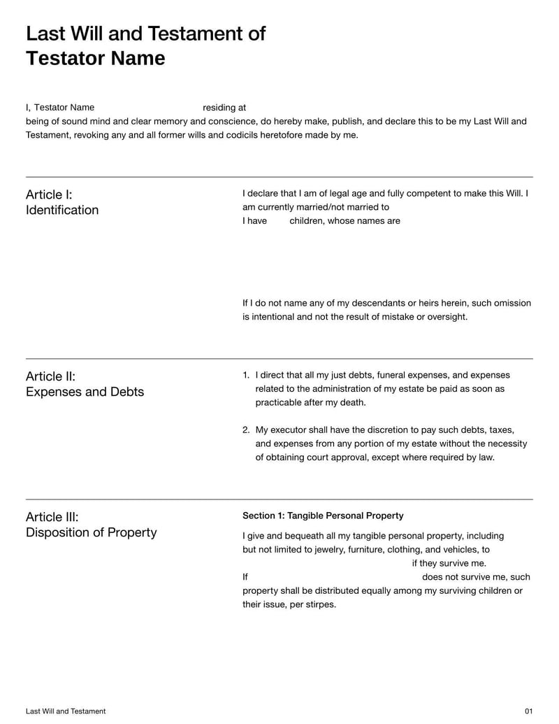 Last Will and Testament for declaring asset distribution and guardianship after death