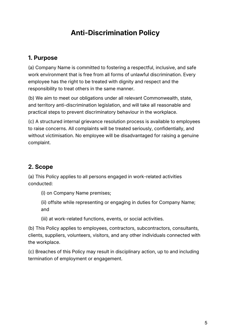 Anti-Discrimination Policy for Australian workplaces covering equality, compliance and complaint procedures