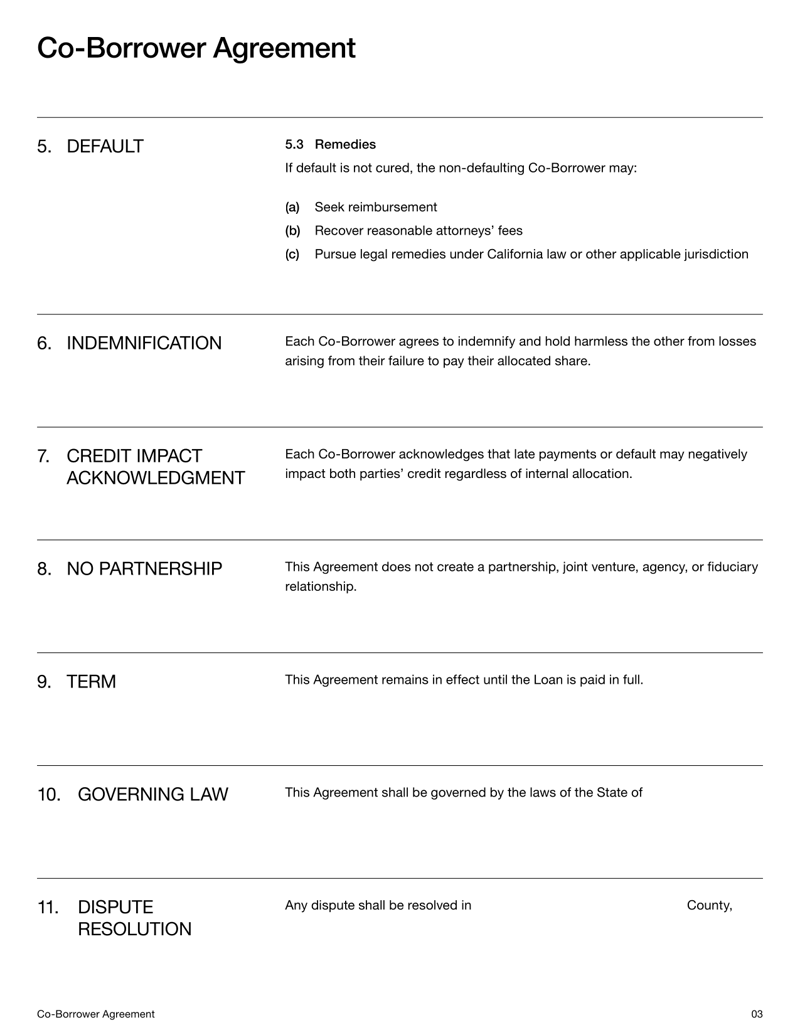 Co-Borrower Agreement defining internal payment allocation, reimbursement duties and shared loan responsibility