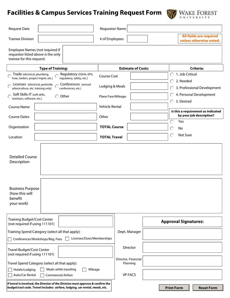 Large thumbnail of Wake Forest University Facilities & Campus Services Training Request Form