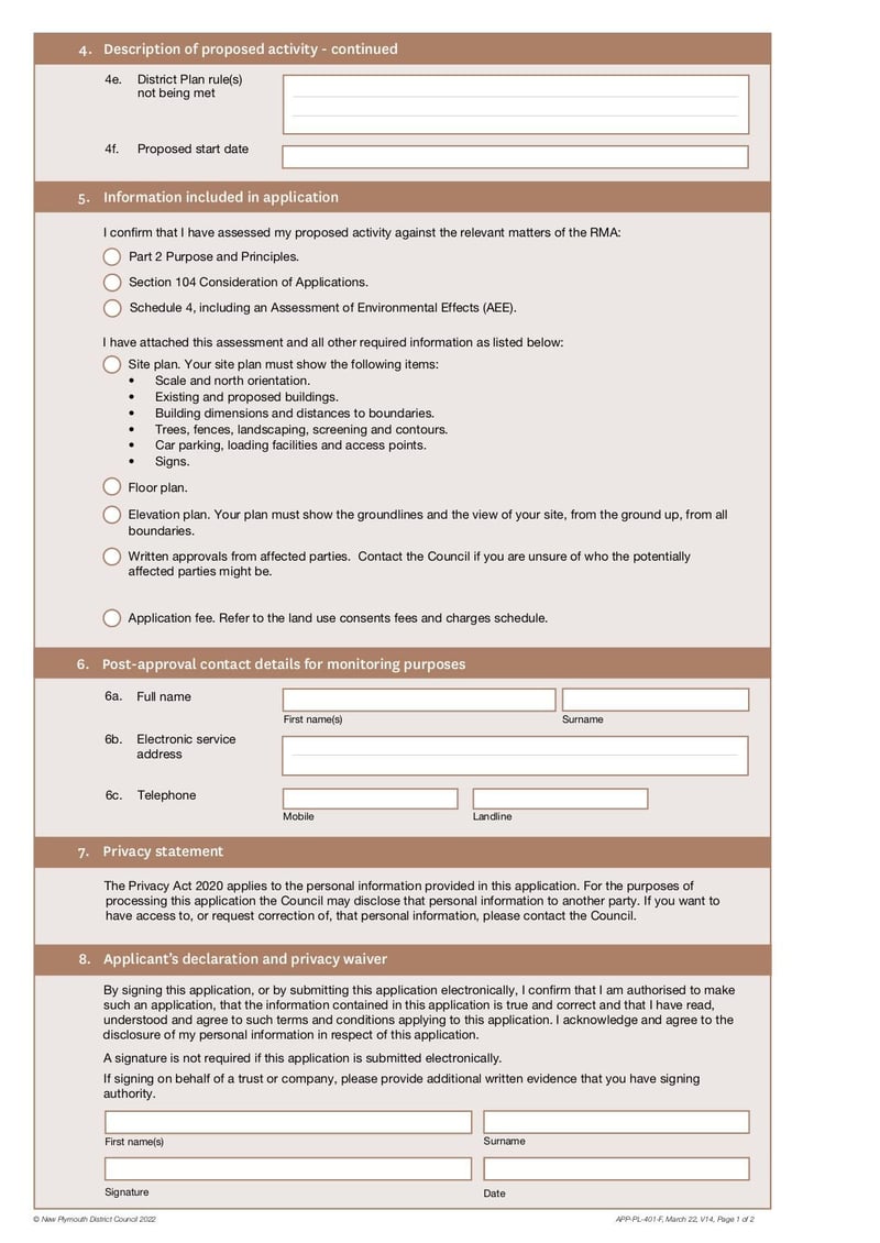 Large thumbnail of Application for a Land Use Resource Consent or Fast Track Resource Consent Form 9 APP PL 401 F V14 - Mar 2022