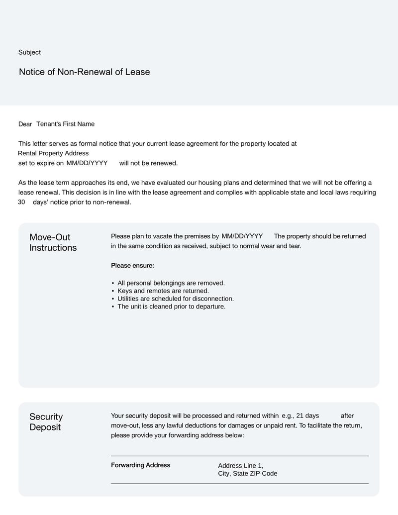 Lease Non-Renewal Letter for notifying a tenant that their lease will not be renewed at the end of the current term